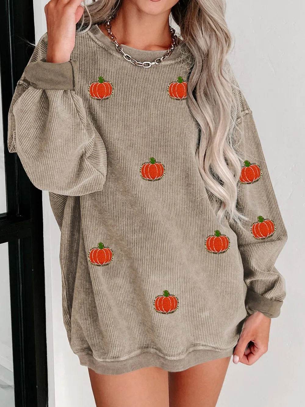 Pumpkin Round Neck Long Sleeve Sweatshirt - ELY VESSA LLC