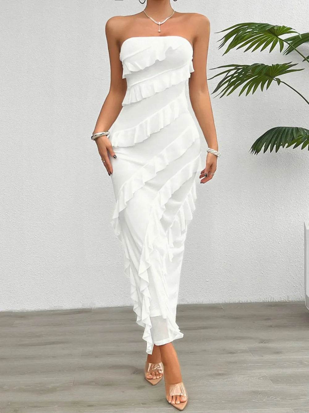 Devine Ruffled Slit Back Tube Maxi Dress - ELY VESSA LLC