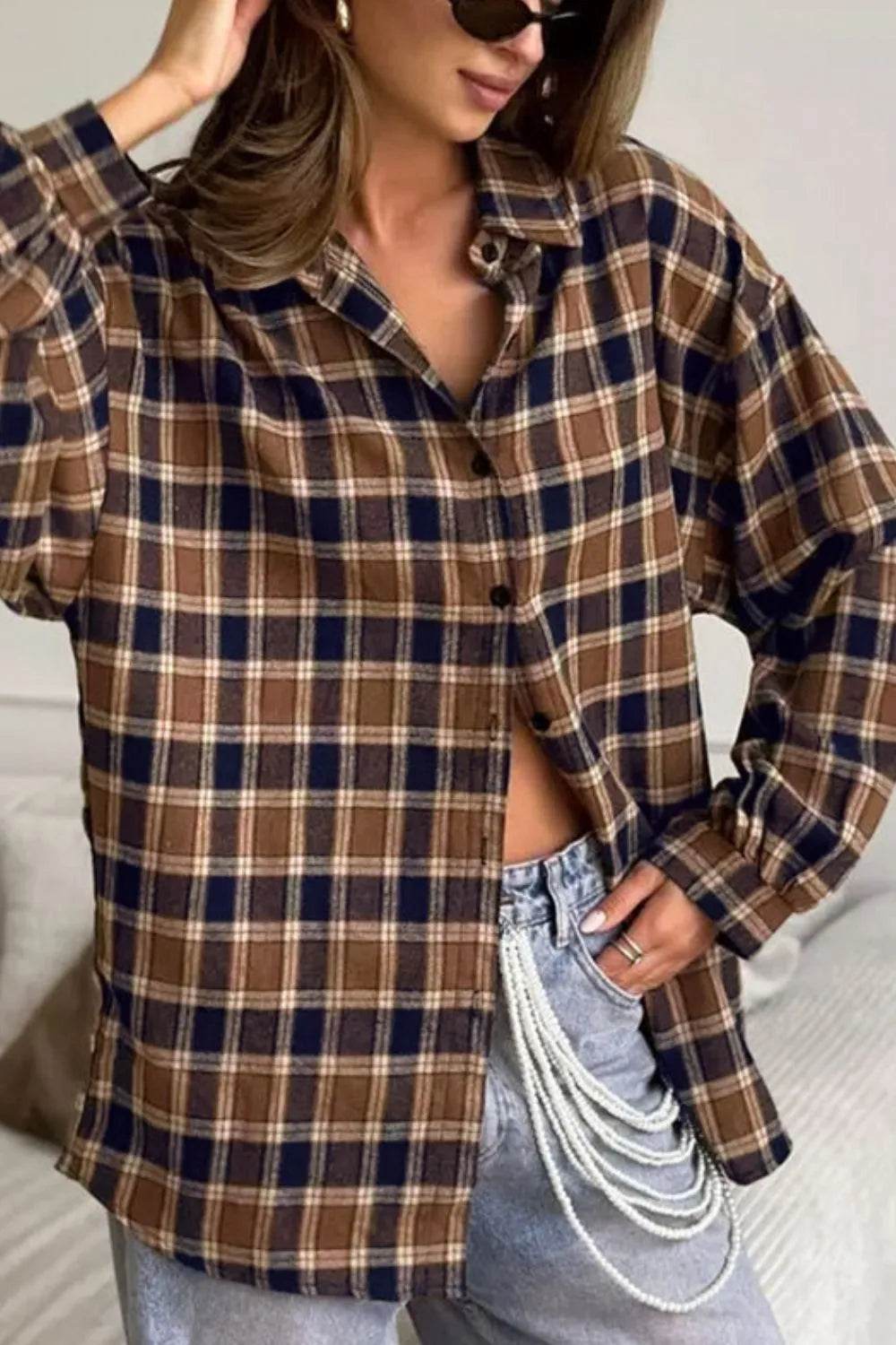Plaid Button Up Drop Shoulder Shacket - ELY VESSA LLC