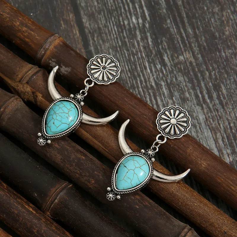 Artificial Turquoise Alloy Cow Head Earrings - ELY VESSA LLC
