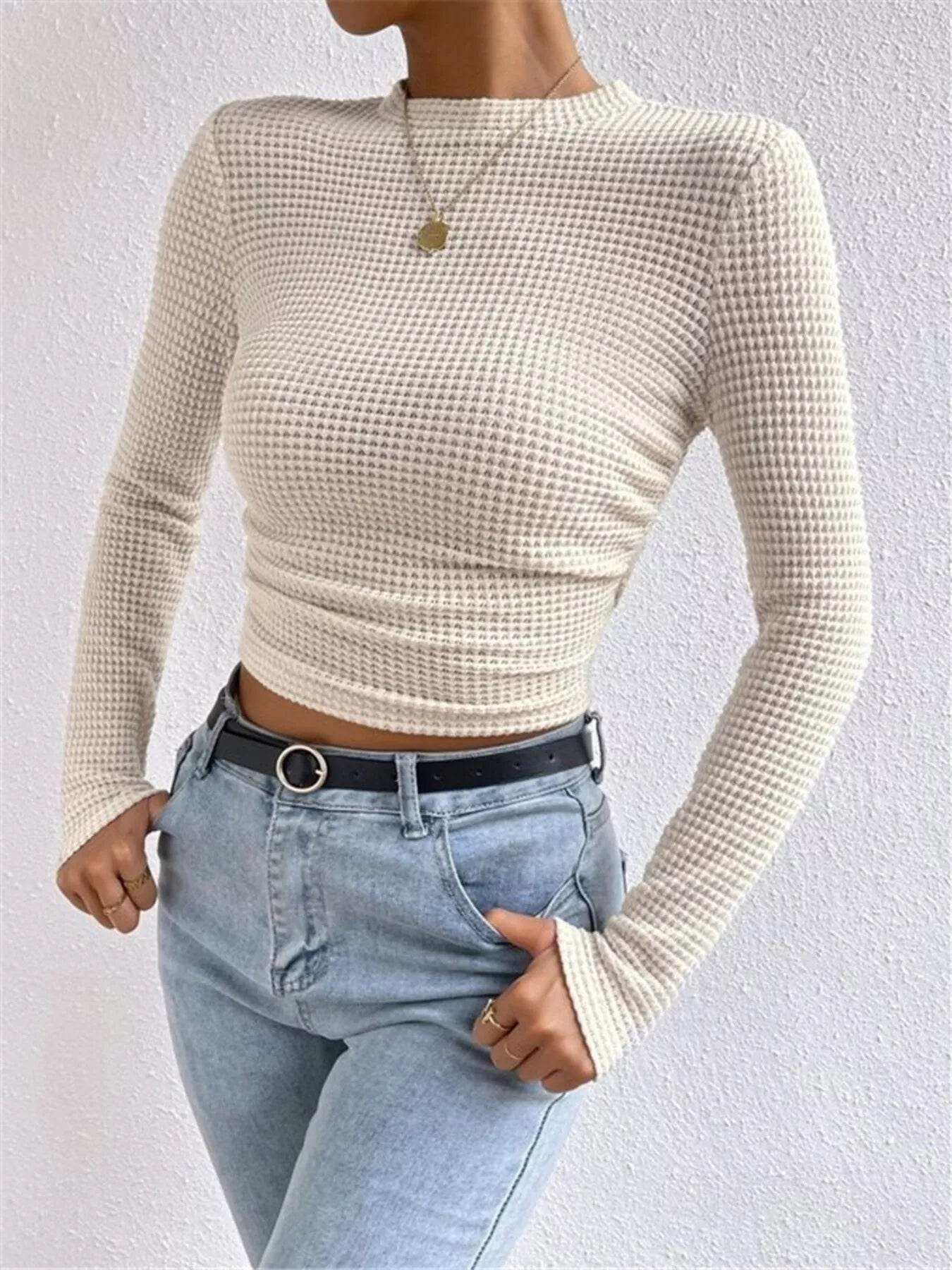 Waffle Knit Long Sleeve T-Shirt - ELY VESSA LLC
