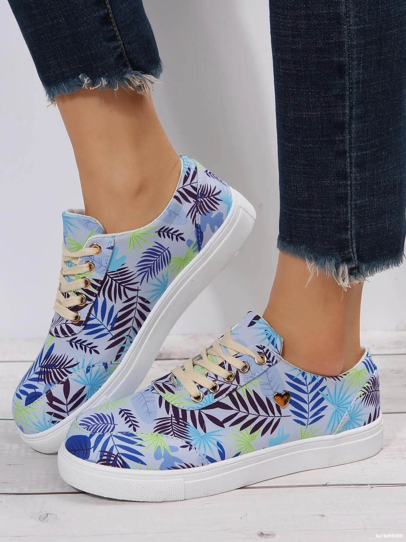 Tropical Leaf Print Canvas Sneakers - ELY VESSA LLC