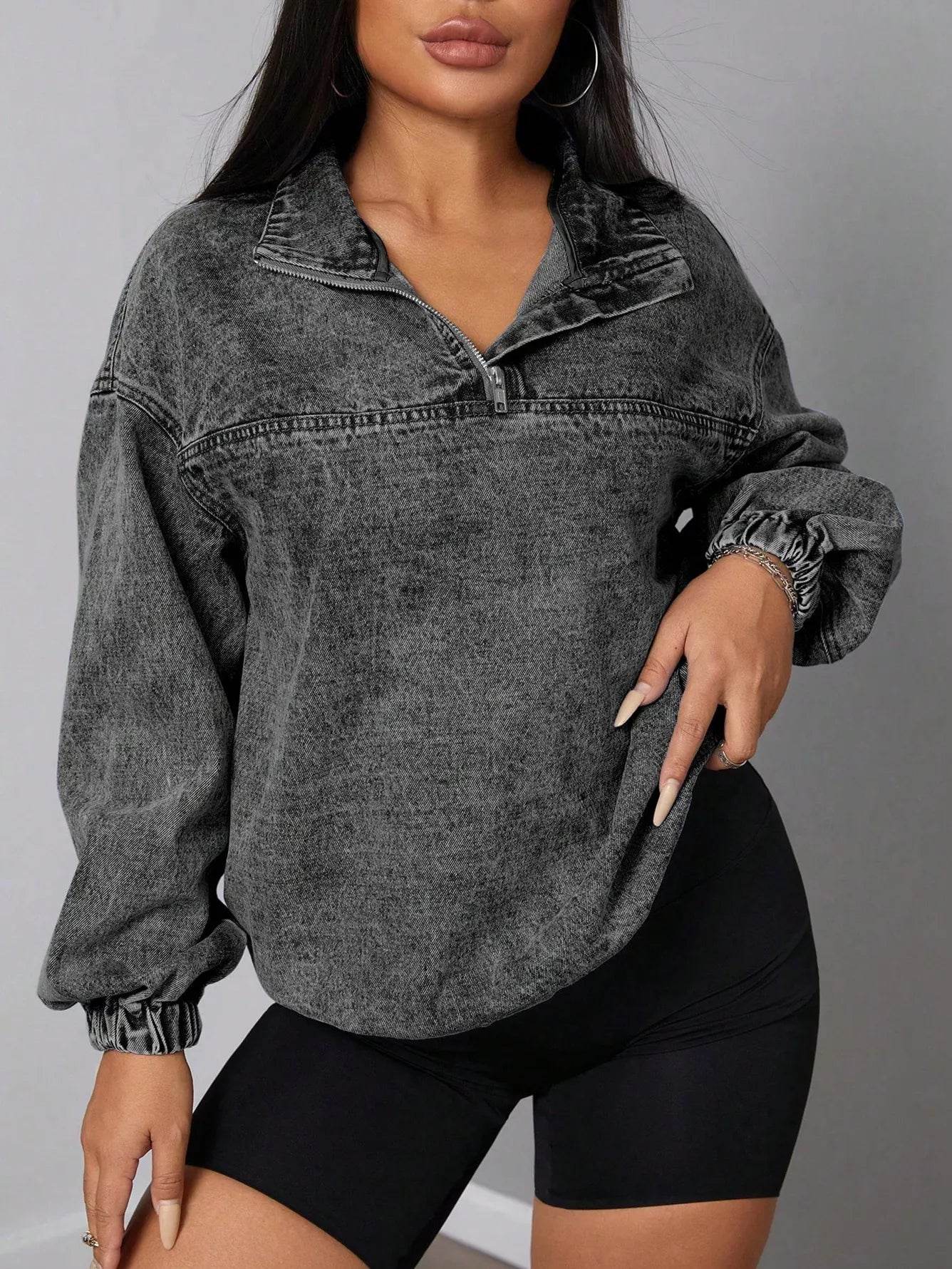 Elastic Hem Quarter Zip Denim Top - ELY VESSA LLC