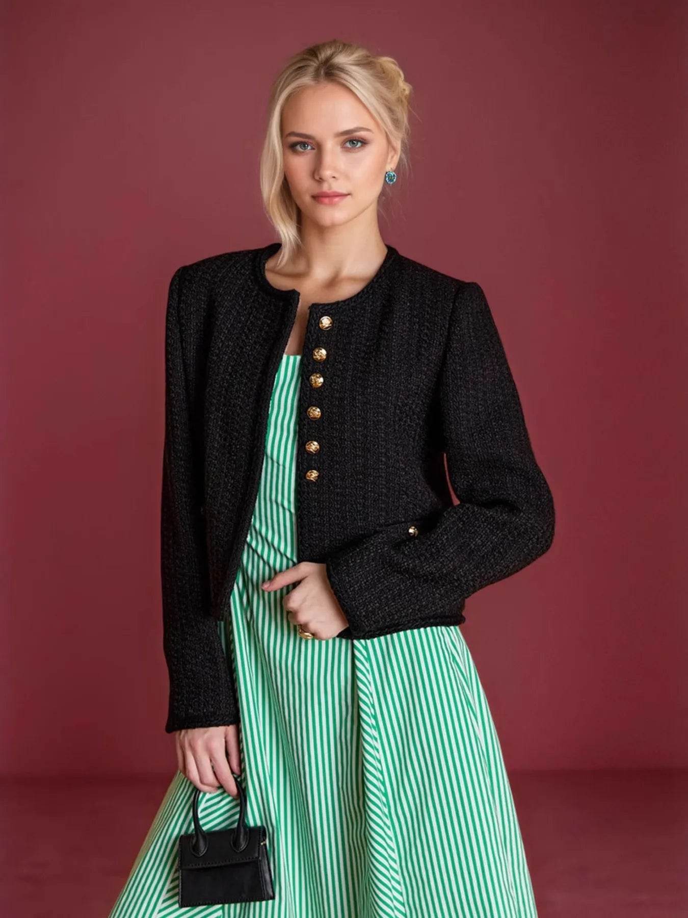 Button Up Long Sleeve Textured Outerwear - ELY VESSA LLC