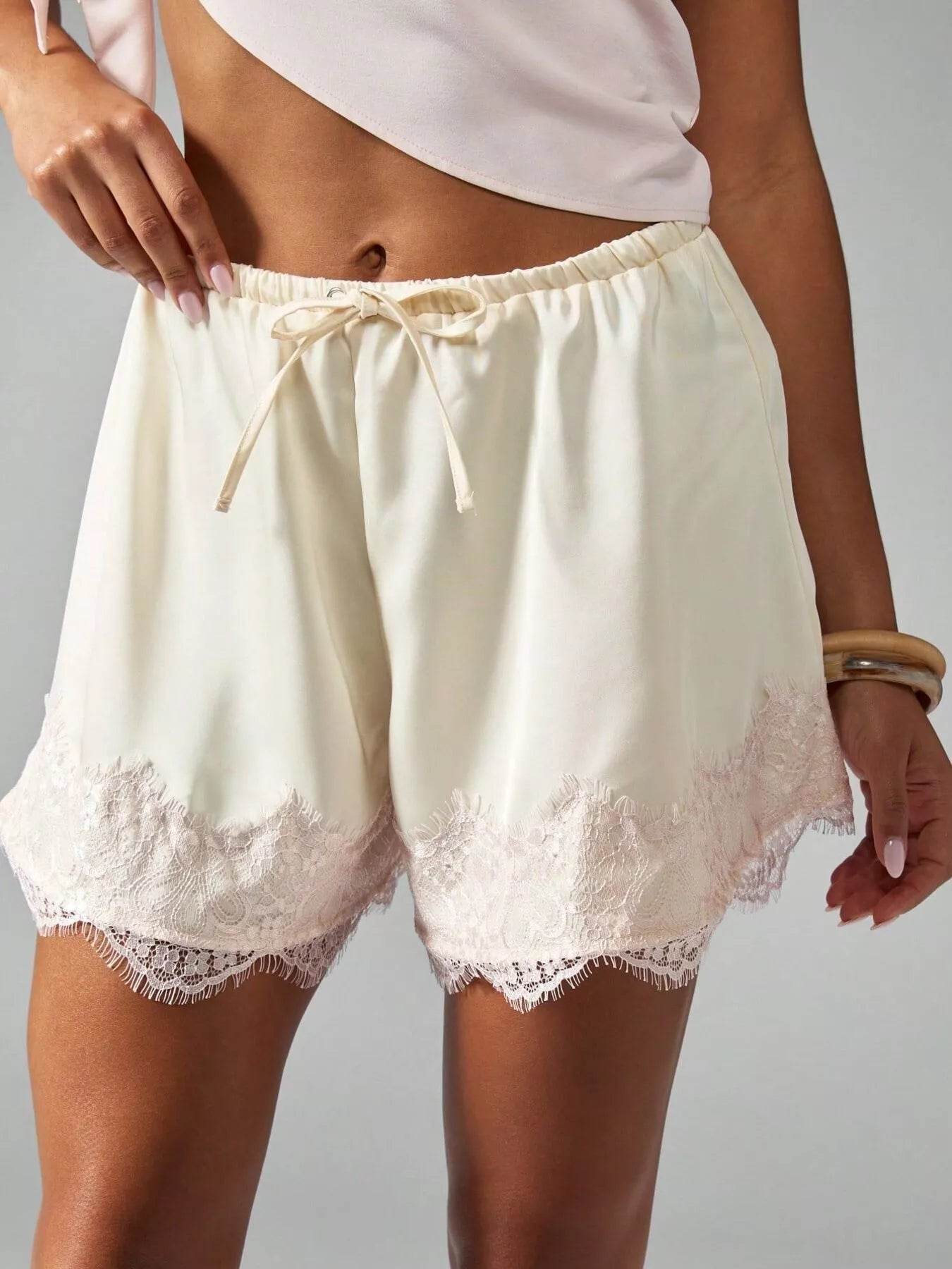 Lace Trim Drawstring Casual Shorts - ELY VESSA LLC