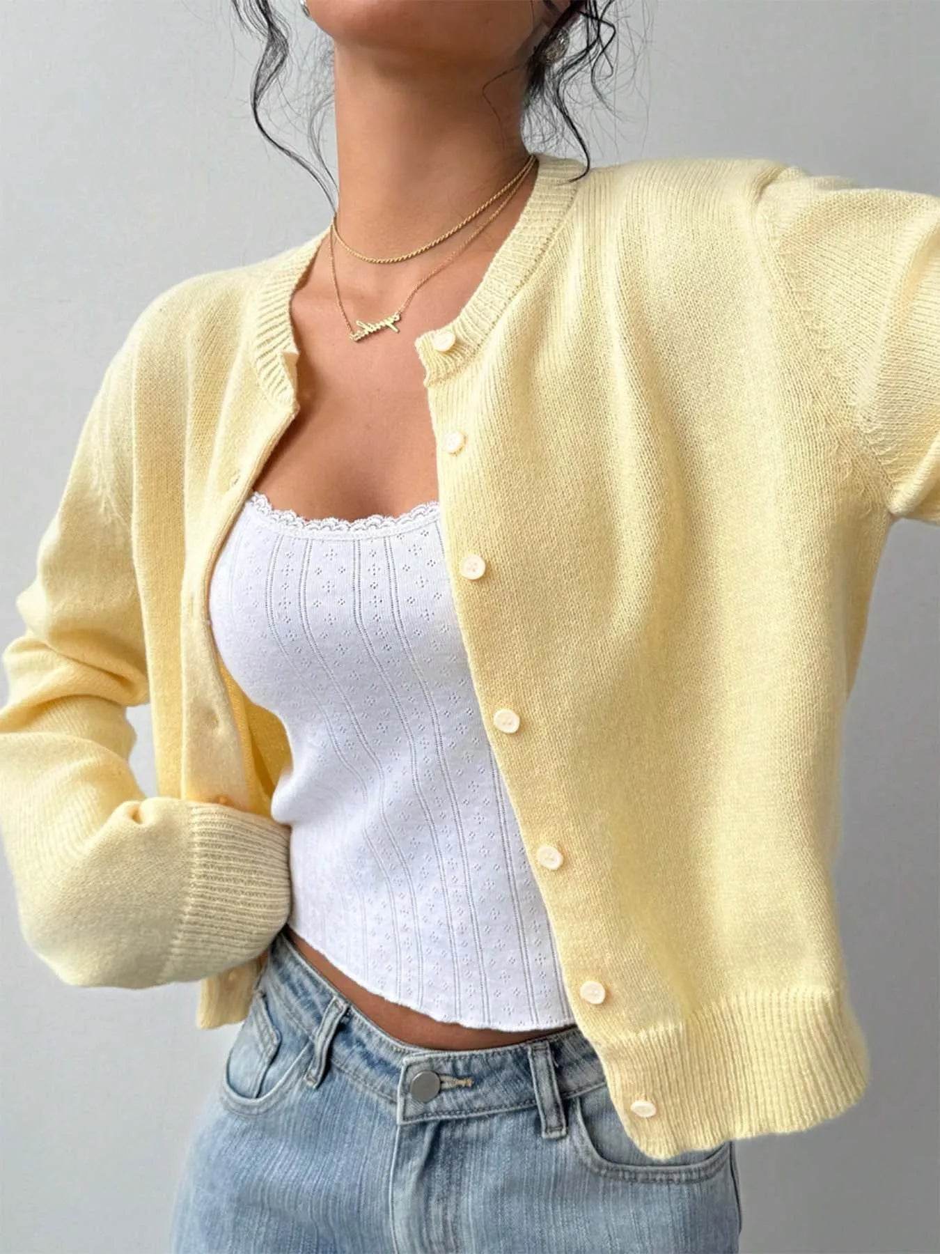 Button-Up Long Sleeve Knit Cardigan - ELY VESSA LLC