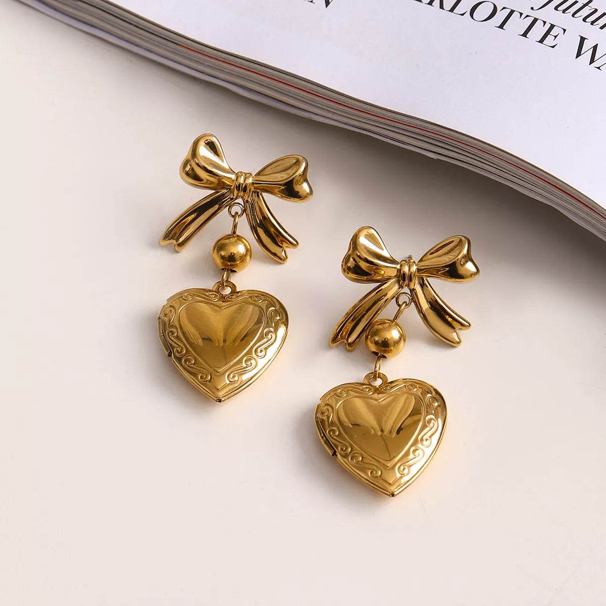 18K Gold-Plated Bow Heart Drop Earrings - ELY VESSA LLC
