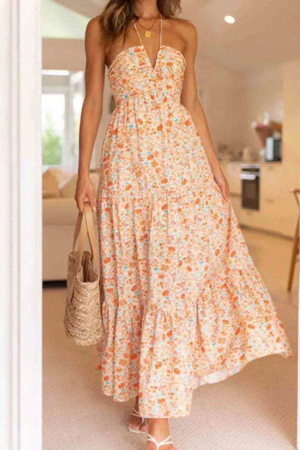 Floral Halter Neck Tiered Maxi Dress - ELY VESSA LLC