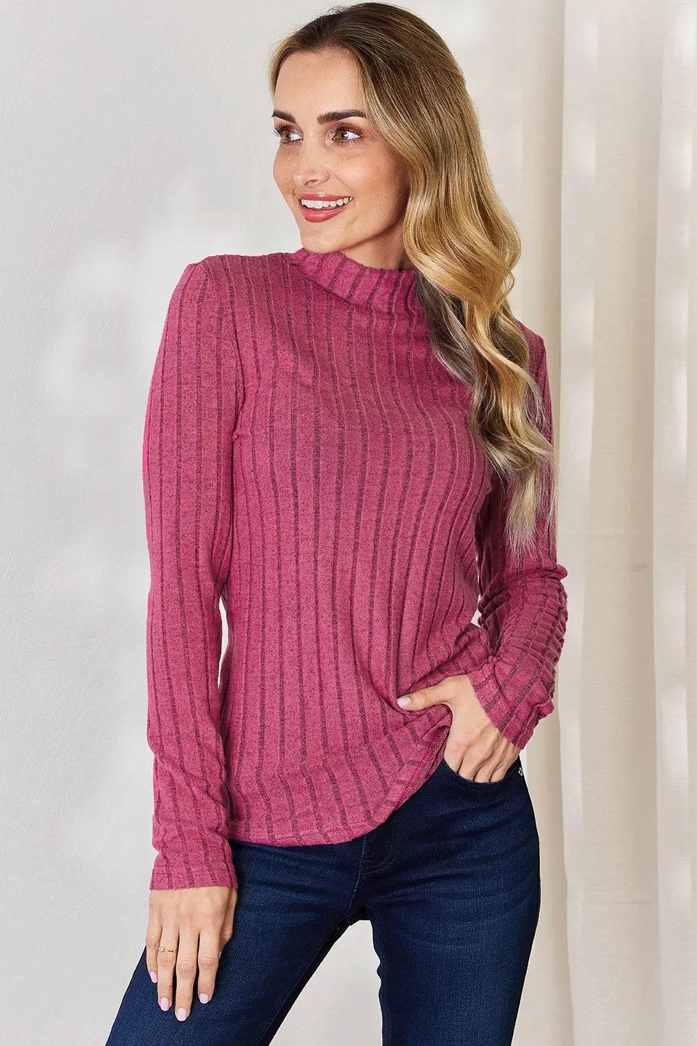 Basic Bae Full Size Ribbed Mock Neck Long Sleeve T-Shirt - ELY VESSA LLC