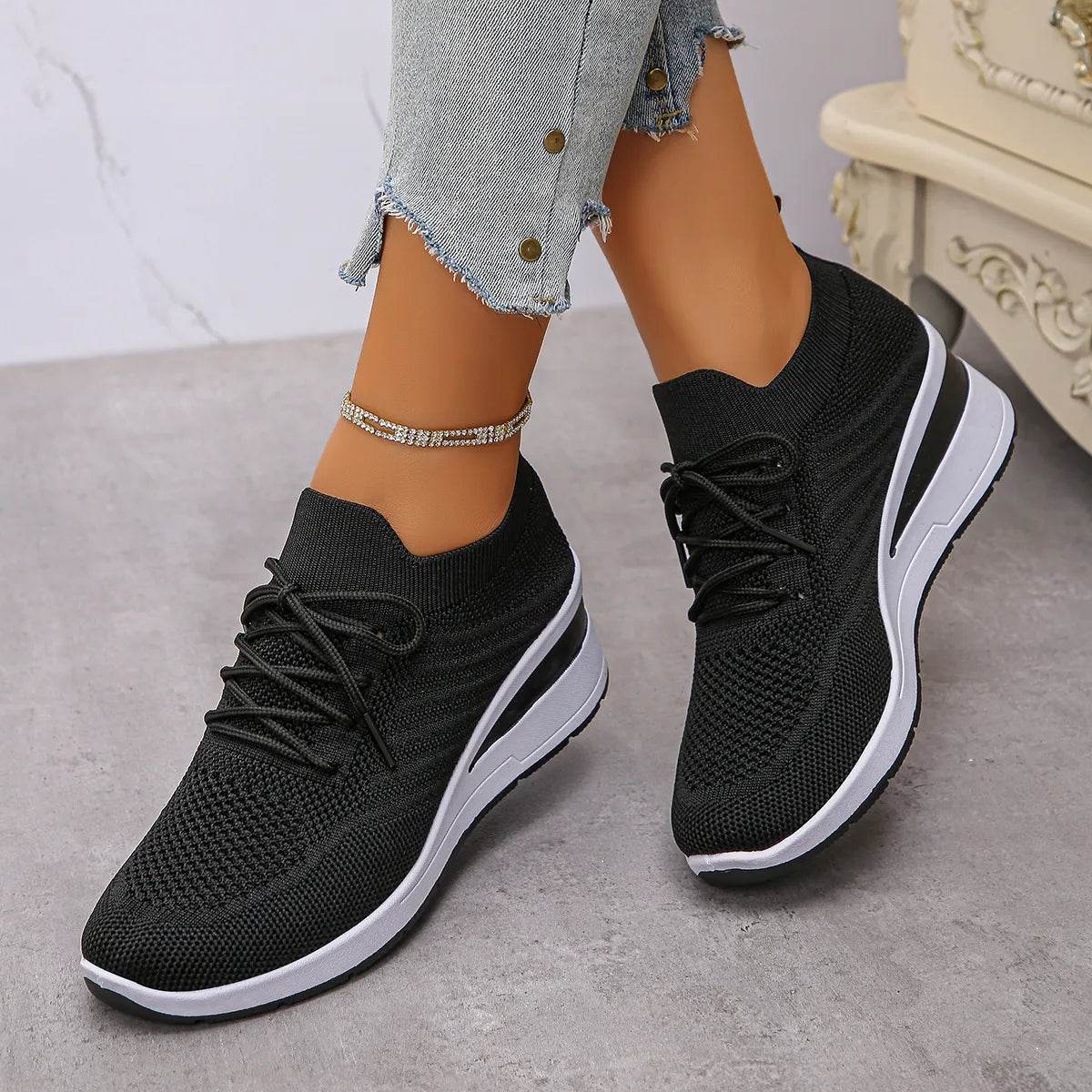 Mesh Lace Up Wedge Athletic - ELY VESSA LLC