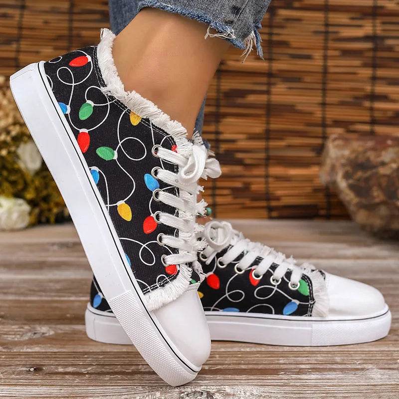 Raw Hem Printed Round Toe Sneakers - ELY VESSA LLC