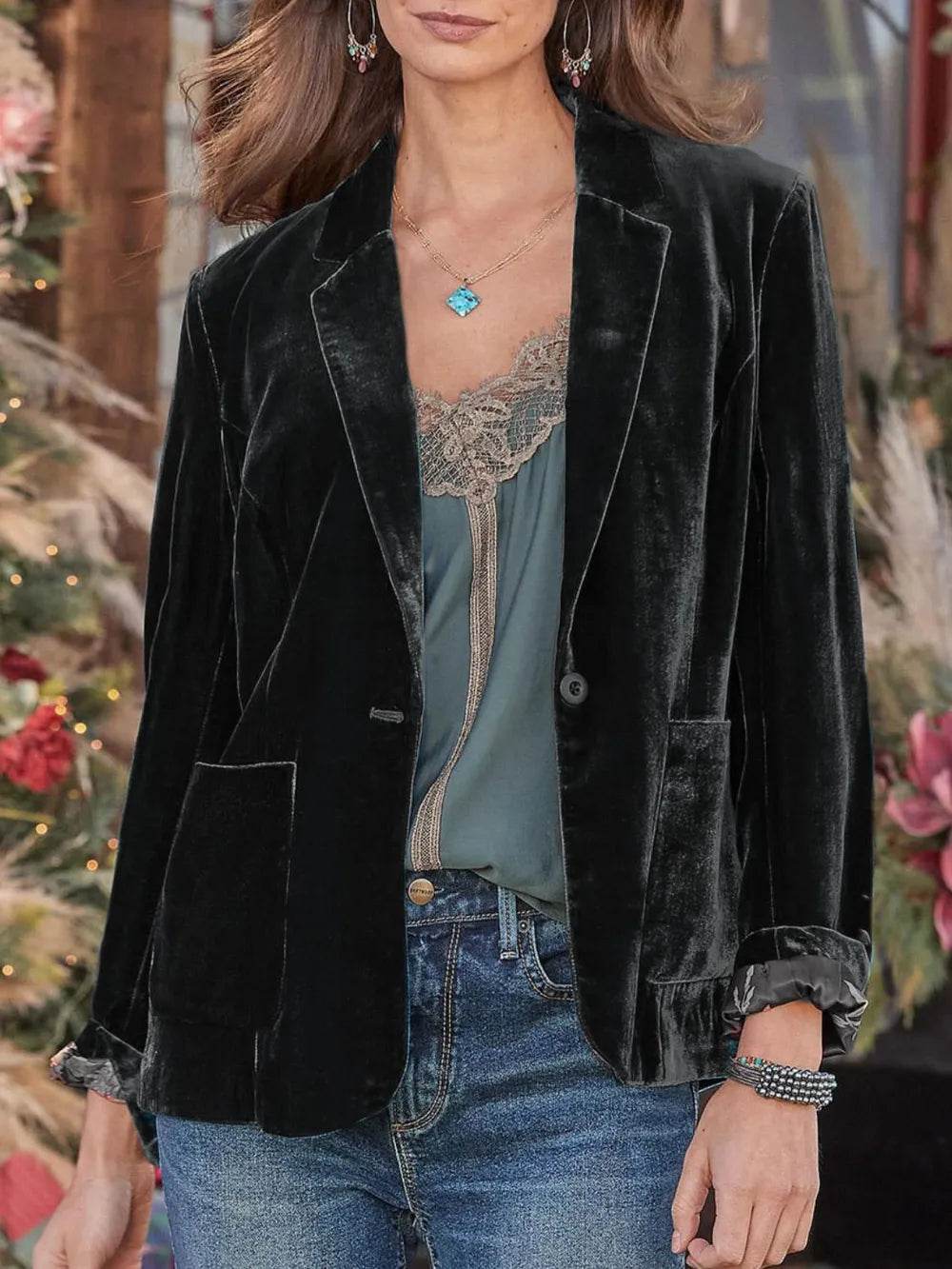 Pocketed Button Up Lapel Collar Blazer - ELY VESSA LLC