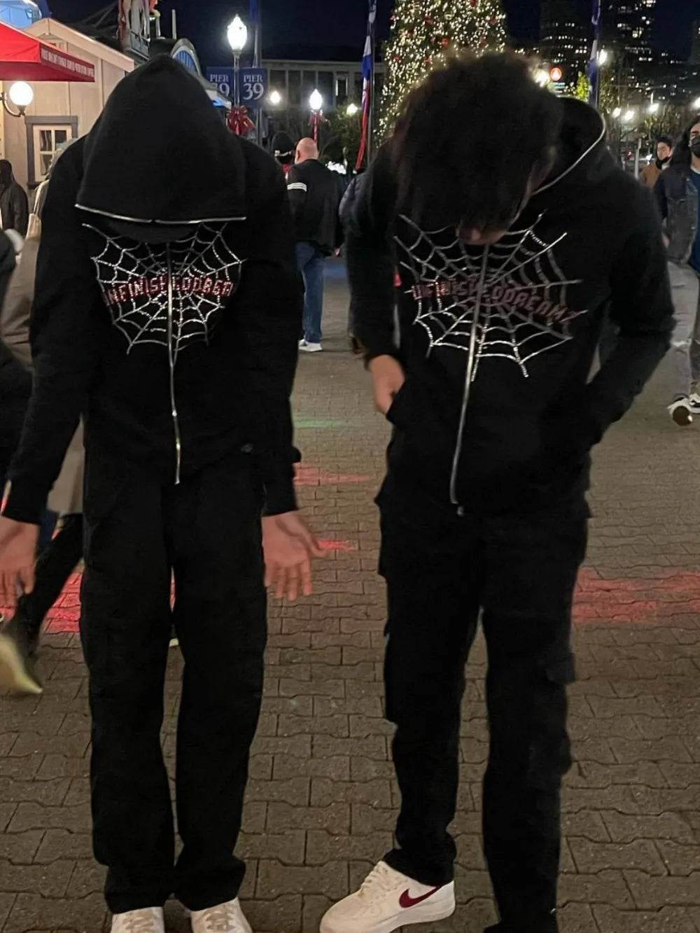 Men's Spider Web Rhinestones Zip-Up Hoodie - ELY VESSA LLC