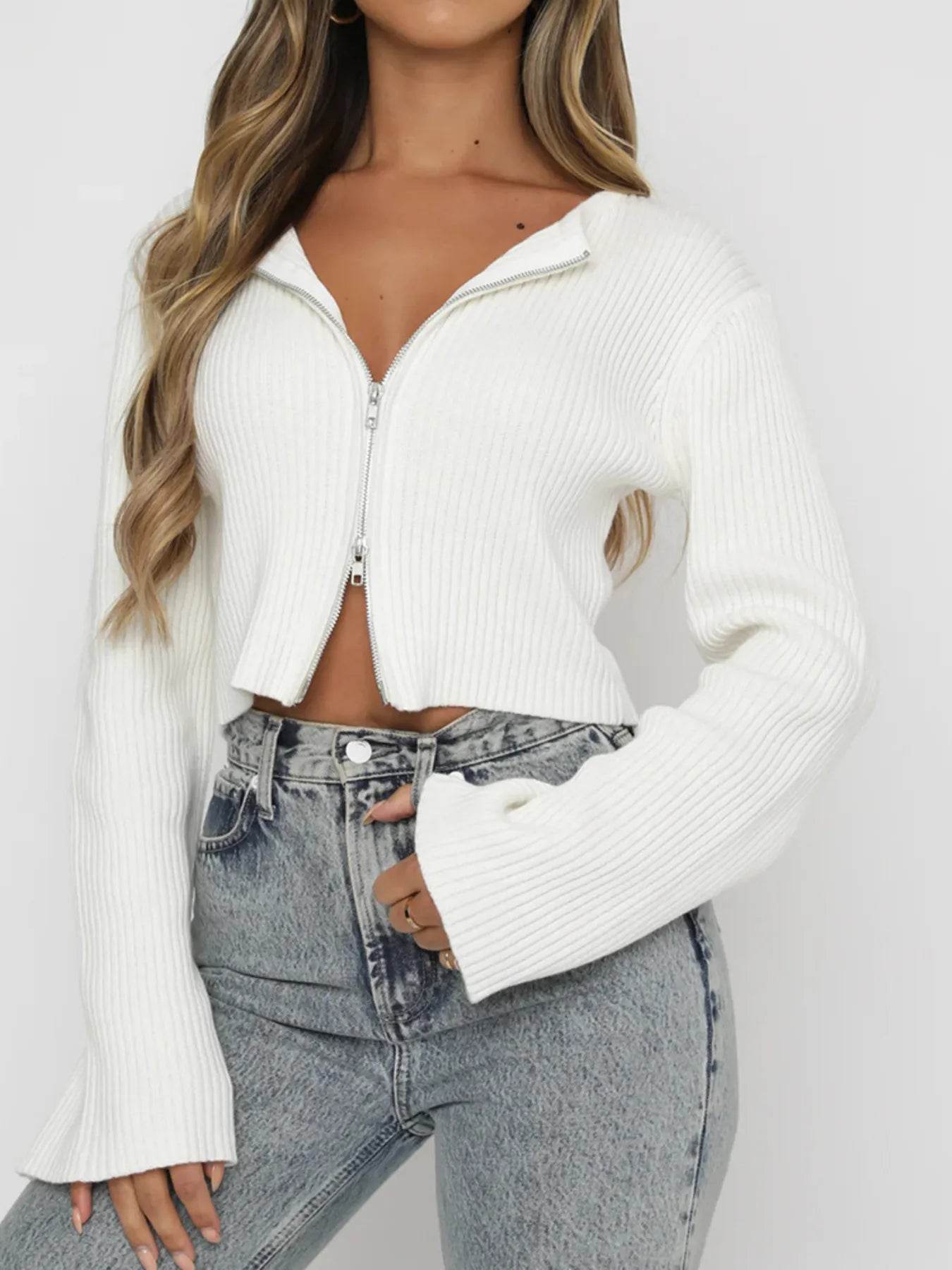 Ribbed Zip-Up Cropped Cardigan - ELY VESSA LLC