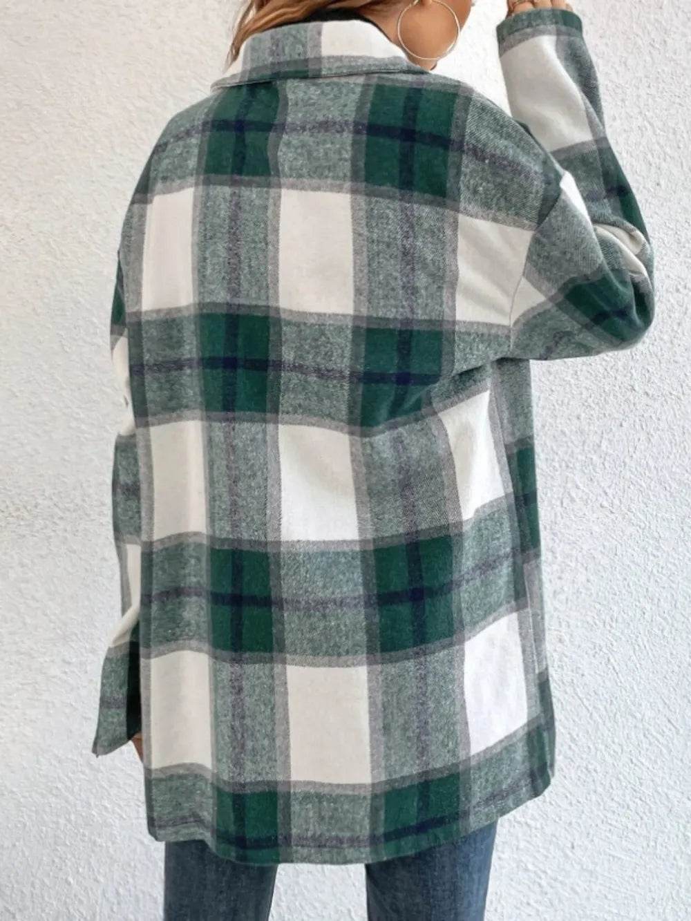 Plaid Collared Neck Dropped Shoulder Shacket - ELY VESSA LLC