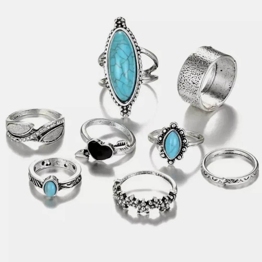Turquoise Alloy 8-Piece Ring Set - ELY VESSA LLC