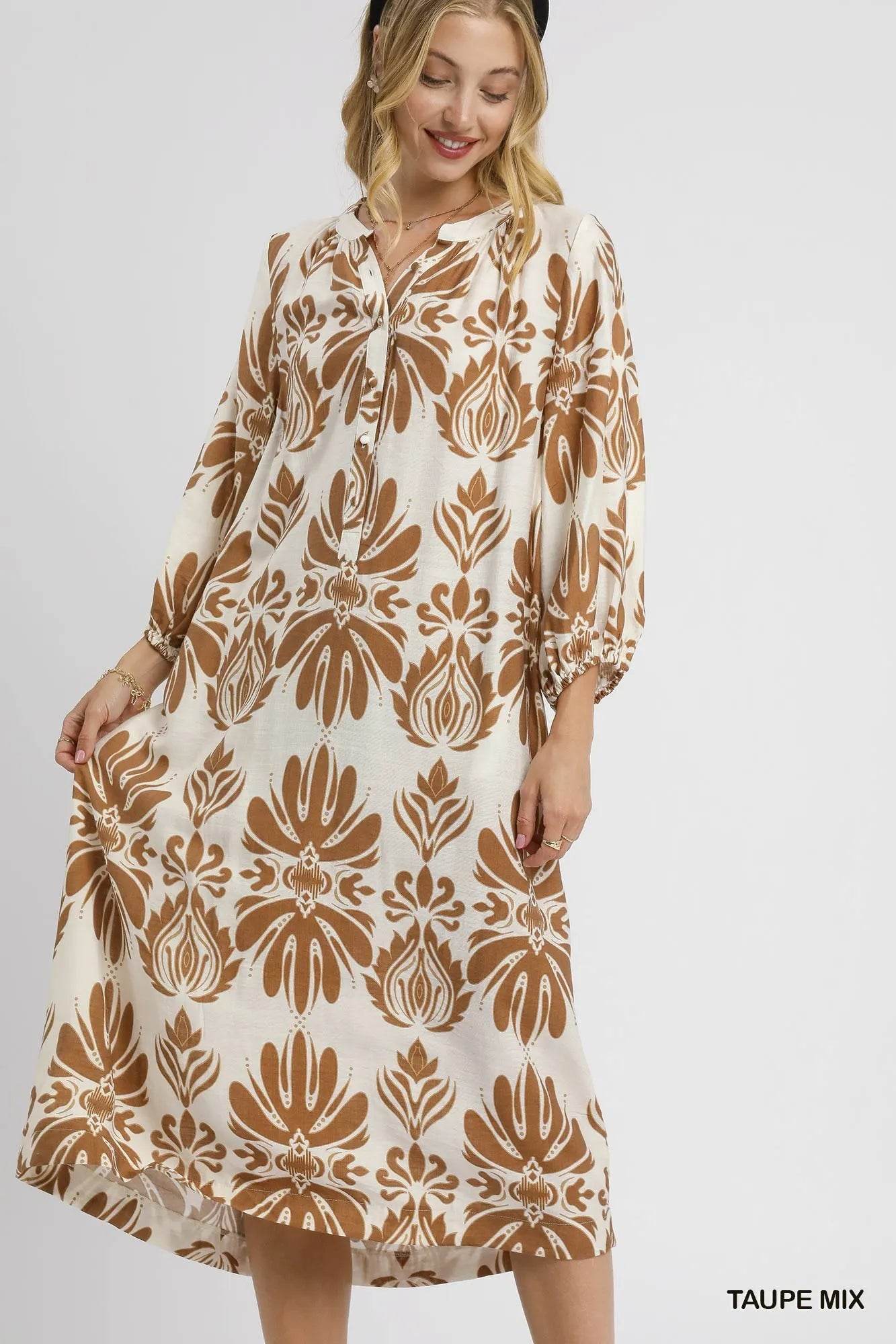 Umgee Mix Abstract Floral Print Midi Dress - ELY VESSA LLC