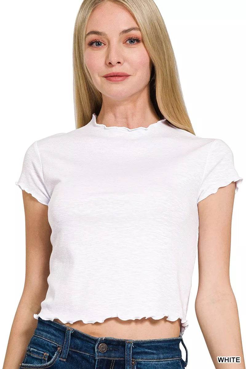 Zenana Cotton Modal Slub Lettuce Trimmed Cropped T-Shirt - ELY VESSA LLC