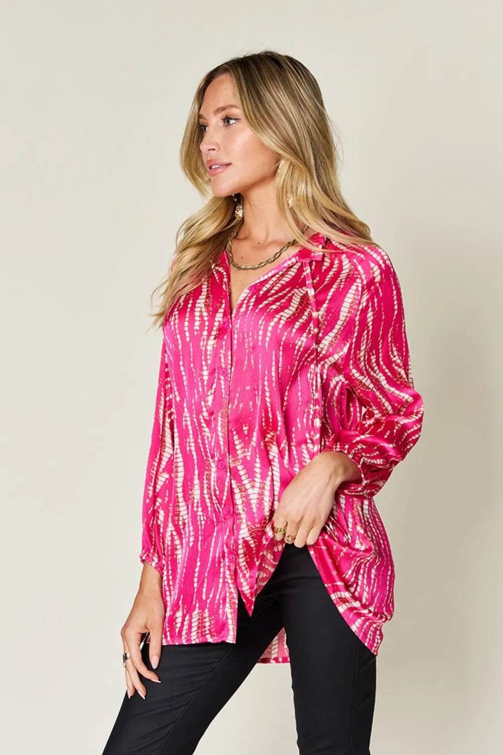 Double Take Full Size Printed Button Up Long Sleeve Shirt - ELY VESSA LLC