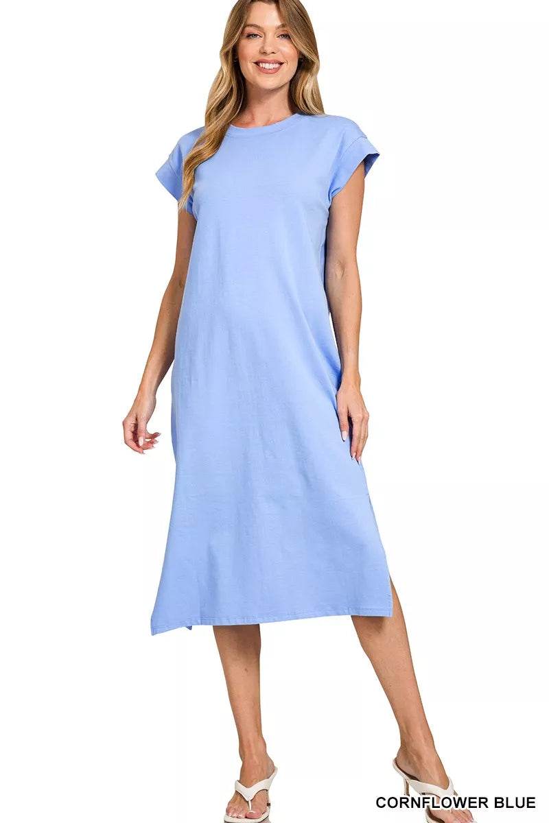 Zenana Round Neck Side Slit Midi Dress - ELY VESSA LLC