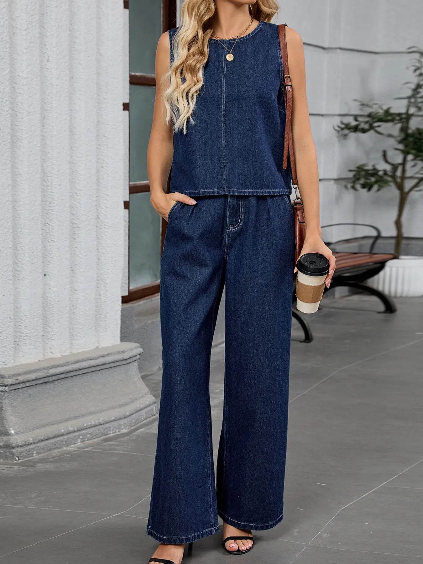 Round Neck Tank and Pants Denim Set - ELY VESSA LLC
