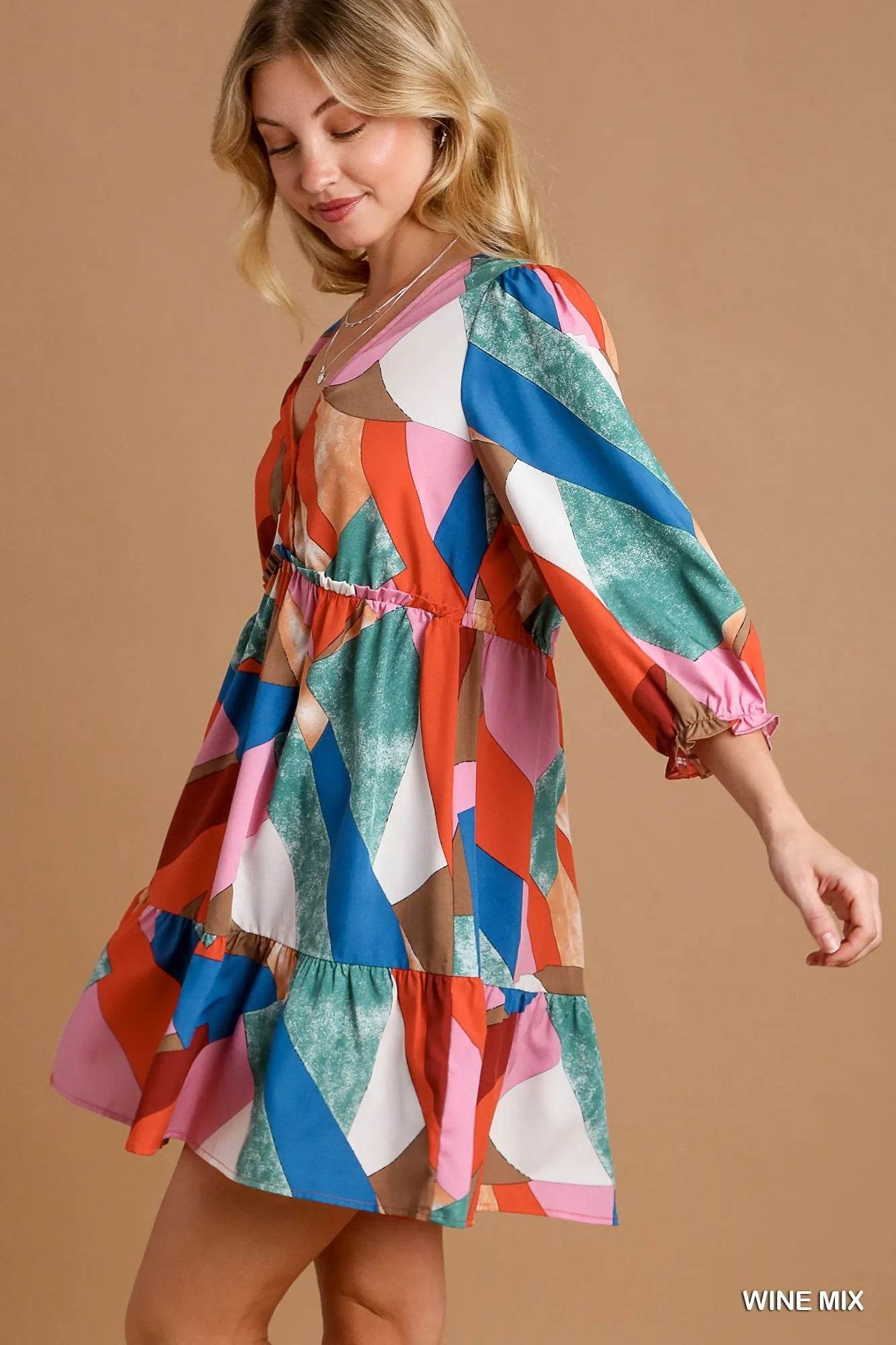 Umgee Abstract V-Neck Tiered Printed Dress - ELY VESSA LLC
