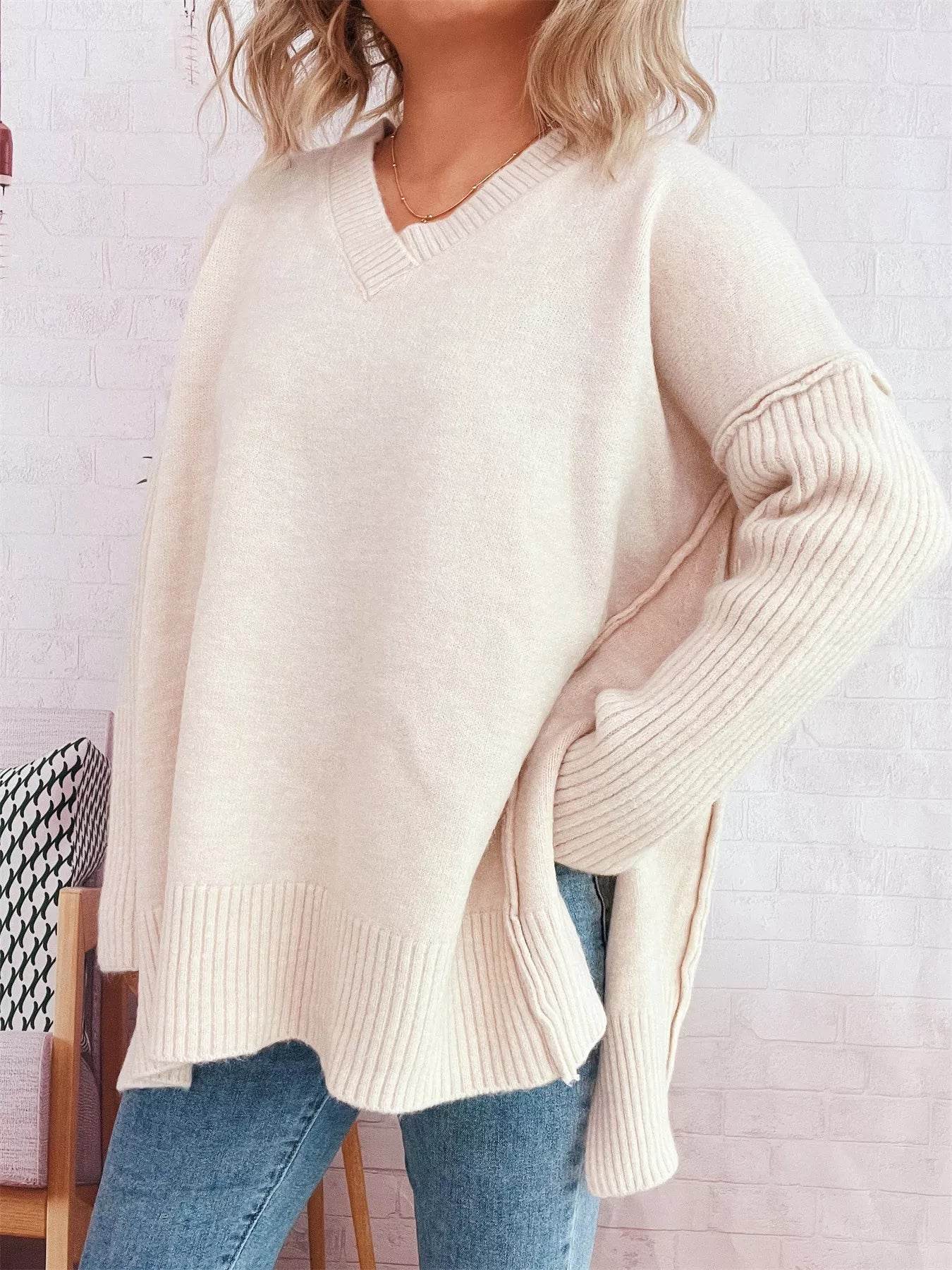 V-Neck Dropped Shoulder Sweater - ELY VESSA LLC