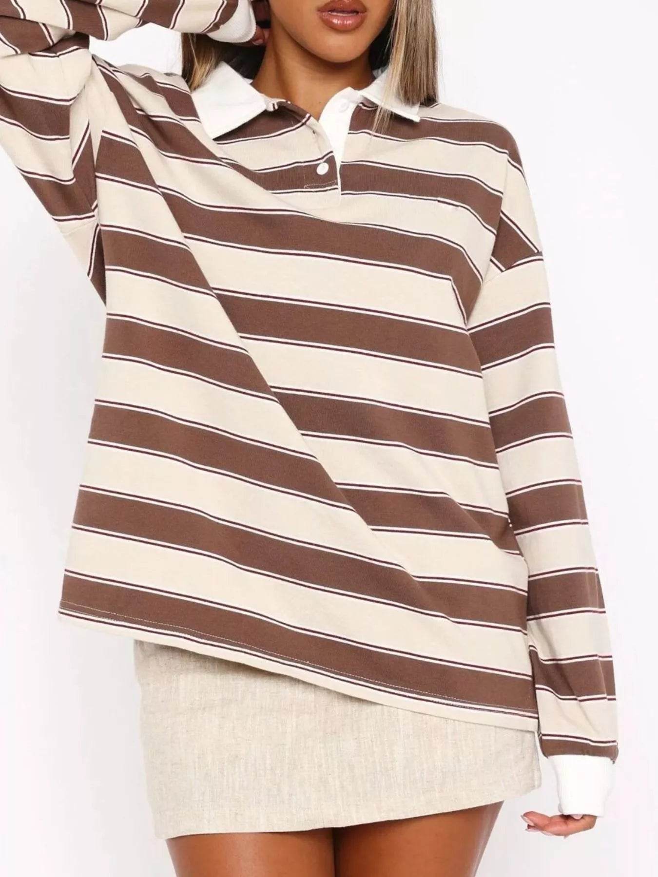Striped Button Detail Long Sleeve Polo - ELY VESSA LLC