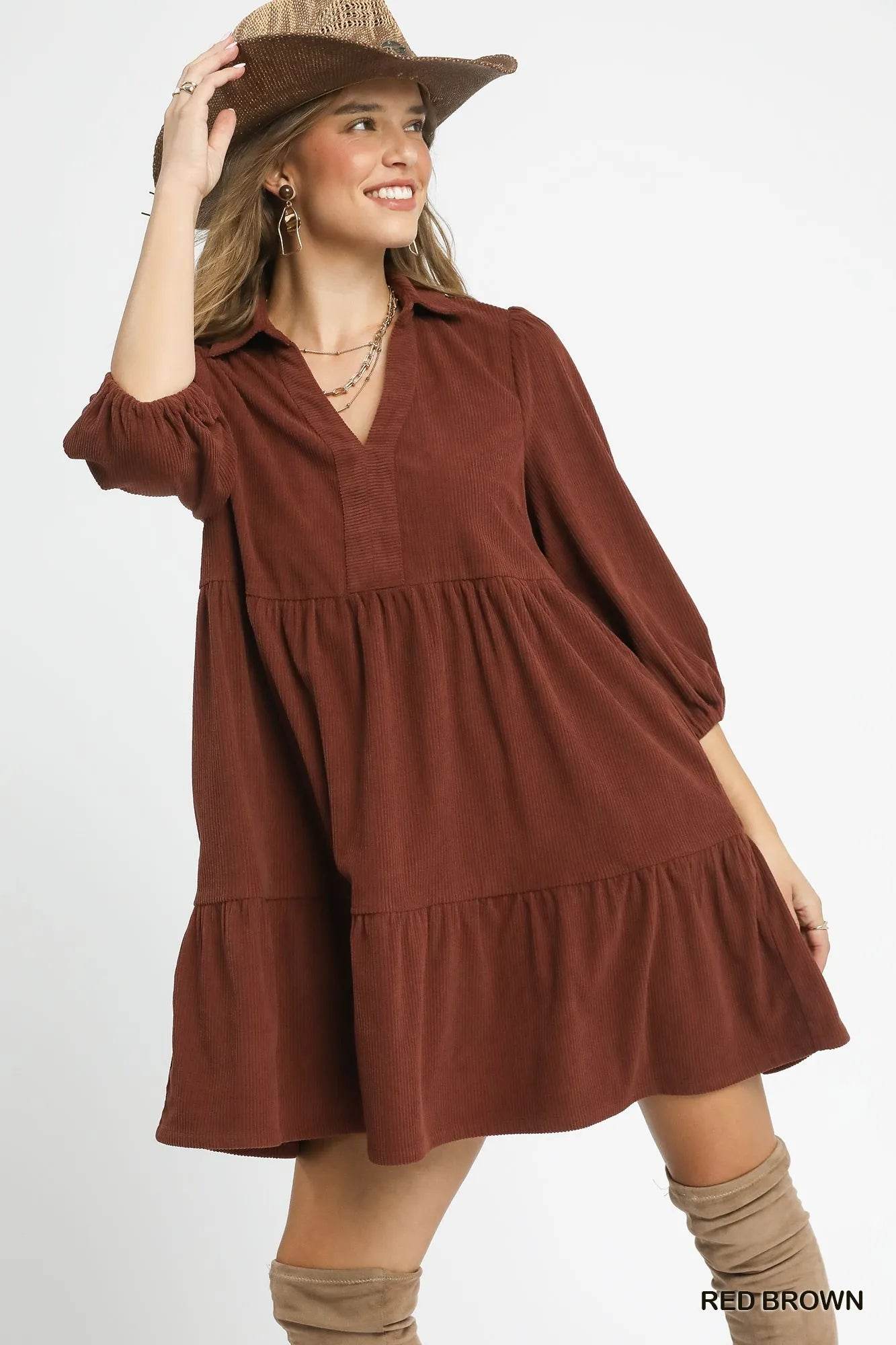 Umgee Tiered Corduroy Mini Dress with Balloon Sleeves - ELY VESSA LLC