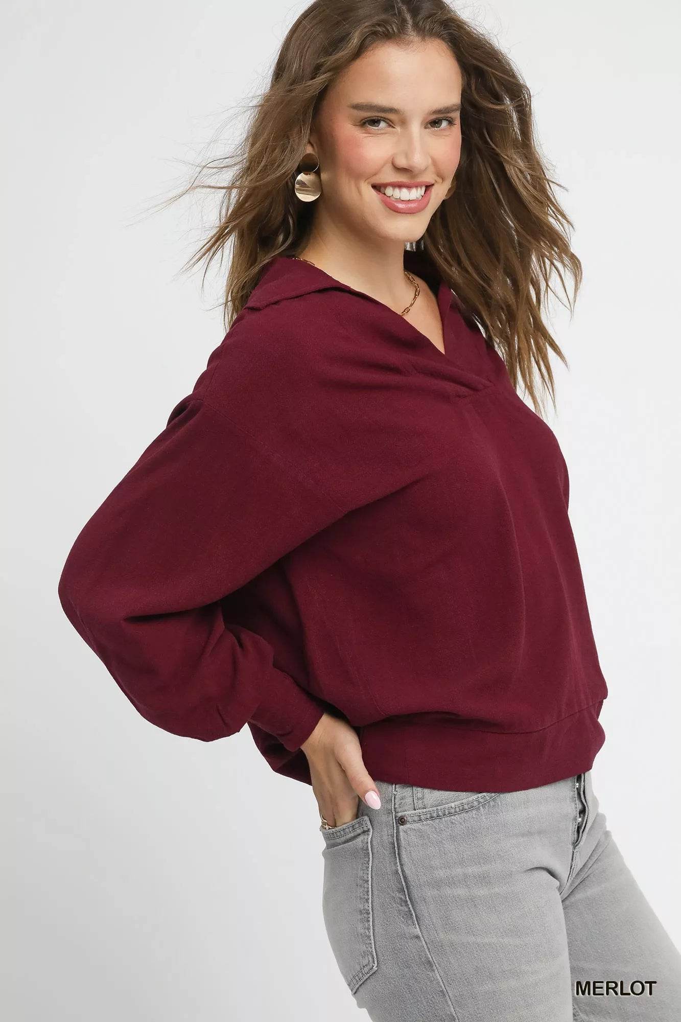 Umgee Linen Long Sleeves Elastic Hem Blouse - ELY VESSA LLC
