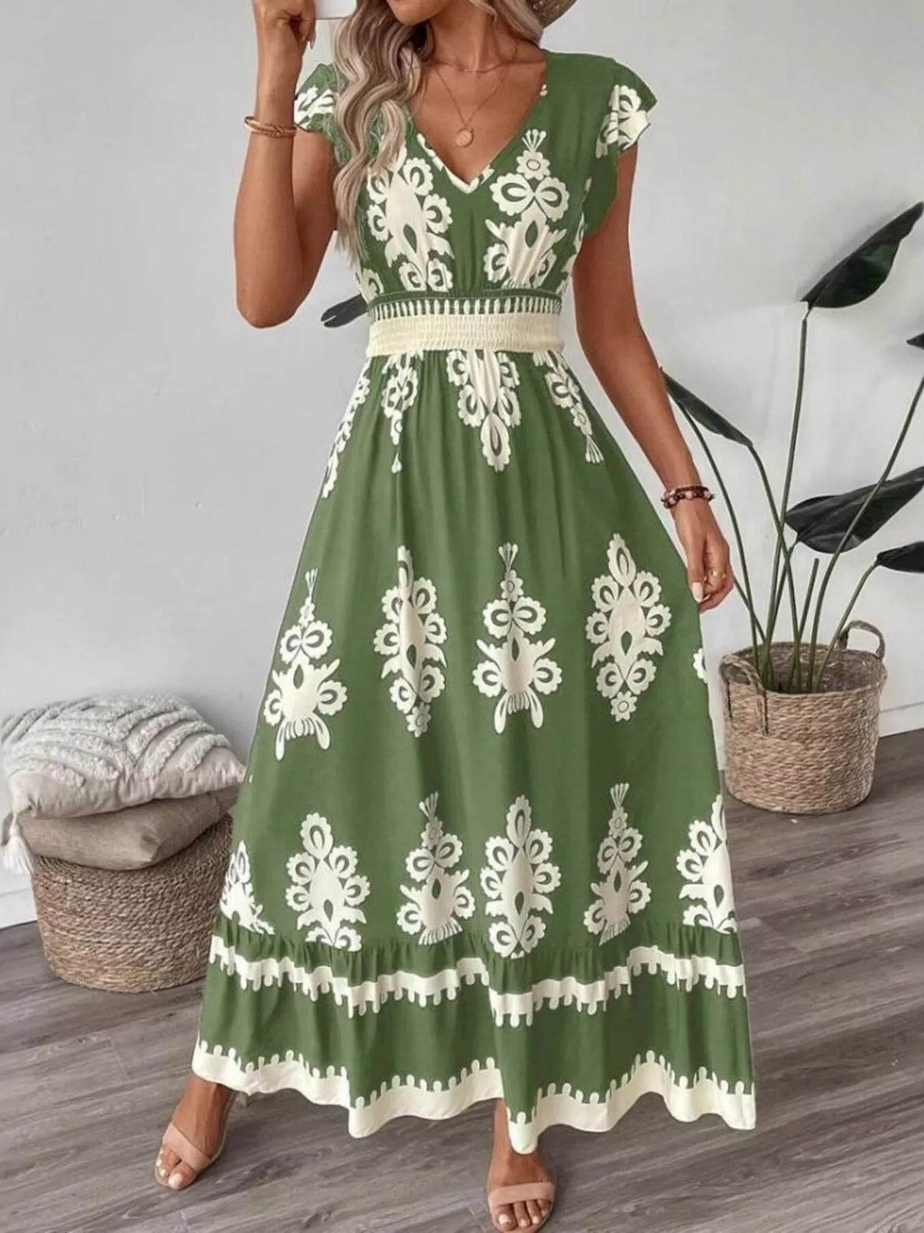 Printed V-Neck Ruffled Cap Sleeve Dress - ELY VESSA LLC