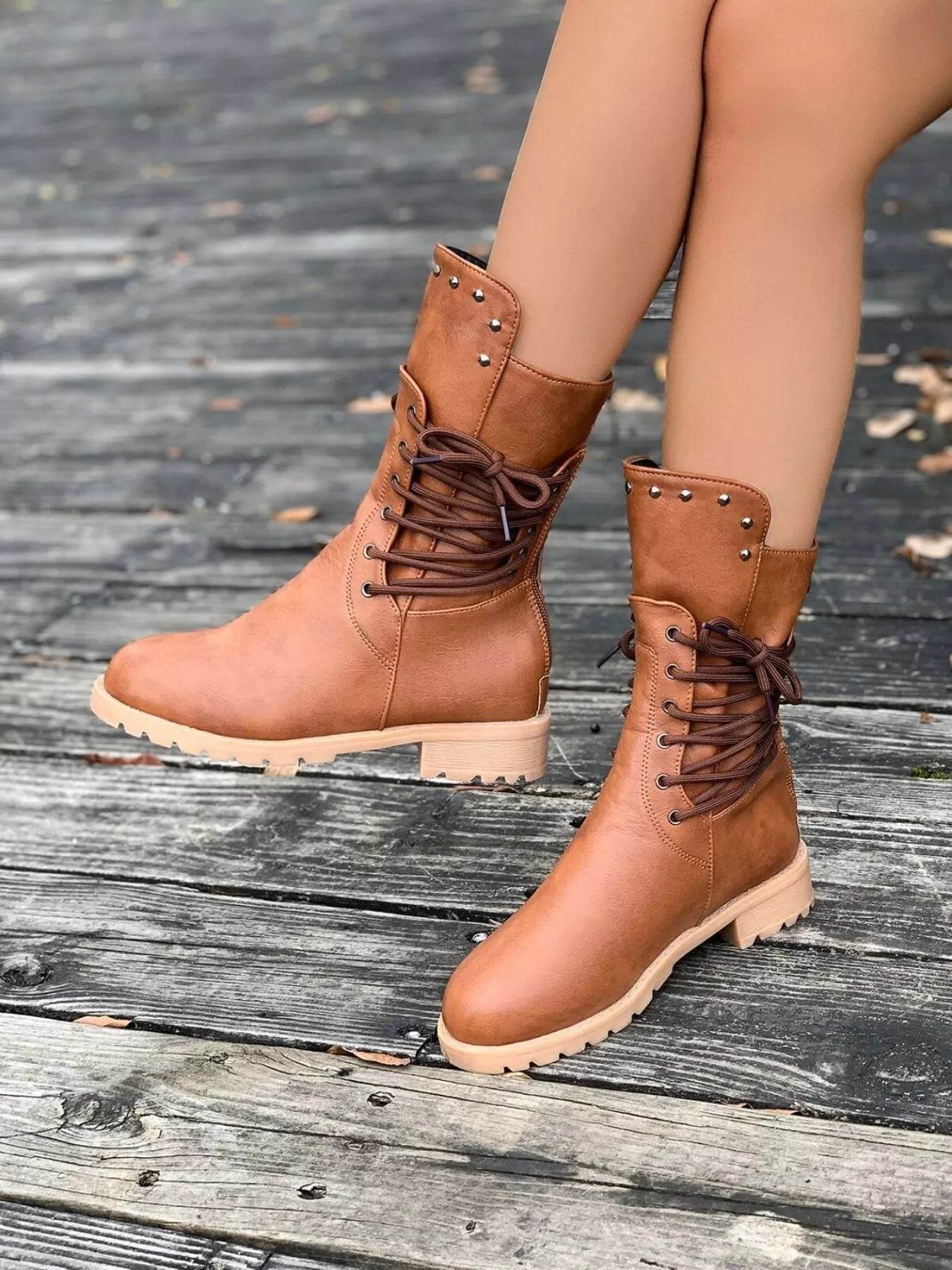 Round Toe Block Heels Boots - ELY VESSA LLC