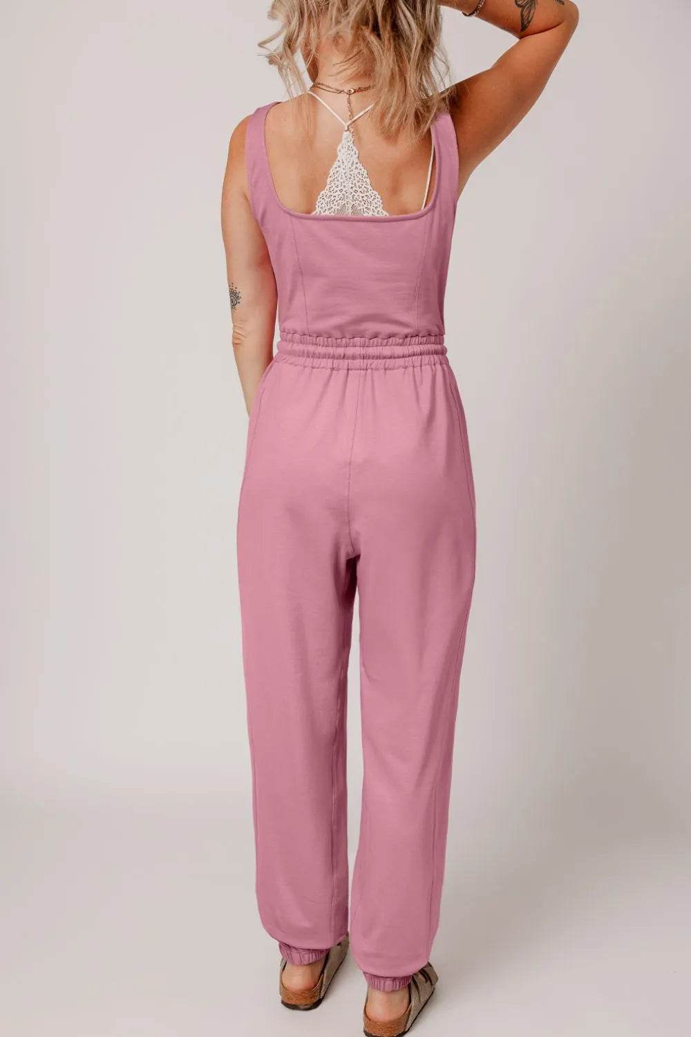 Elastic Waist Sleeveless Square Neck Jumpsuit - ELY VESSA LLC