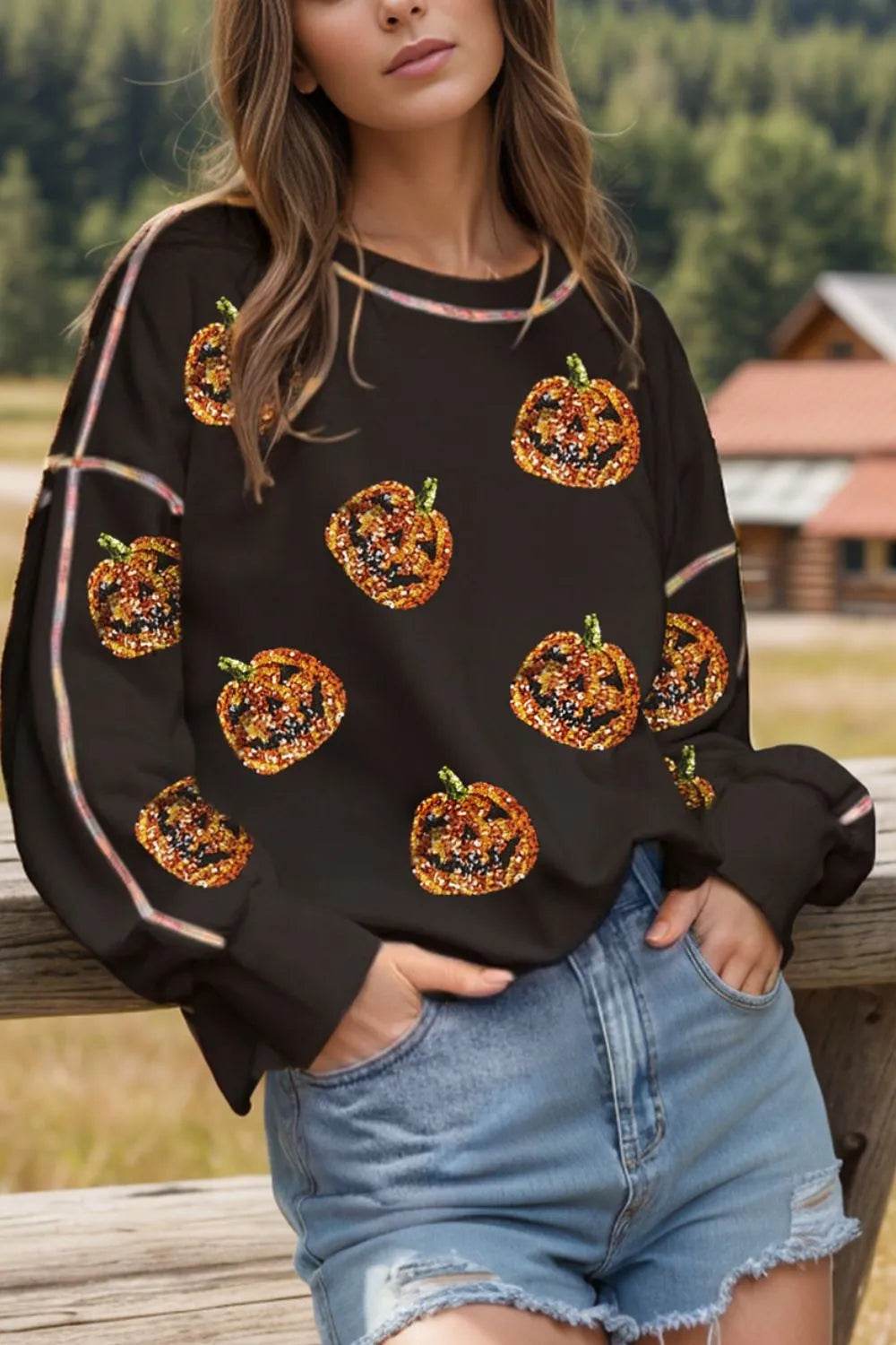 Sequin Pumpkin Round Neck Long Sleeve Sweatshirt - ELY VESSA LLC