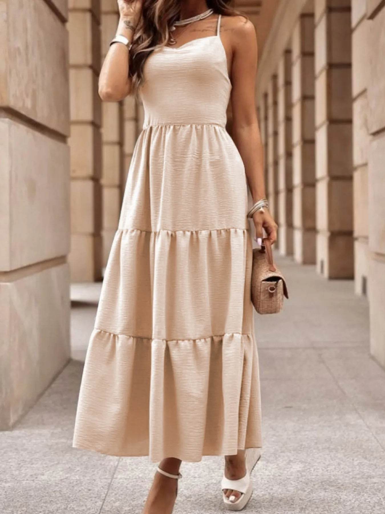 Crossover Backless Bodice Tiered Maxi Dress - ELY VESSA LLC