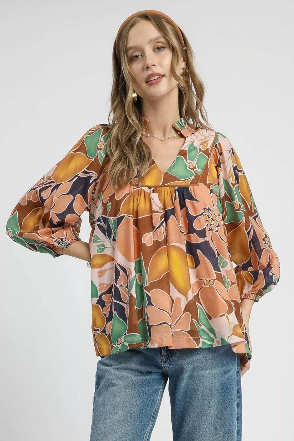 Umgee Multicolor Abstract Floral Print Blouse with Ruffle Neck - ELY VESSA LLC