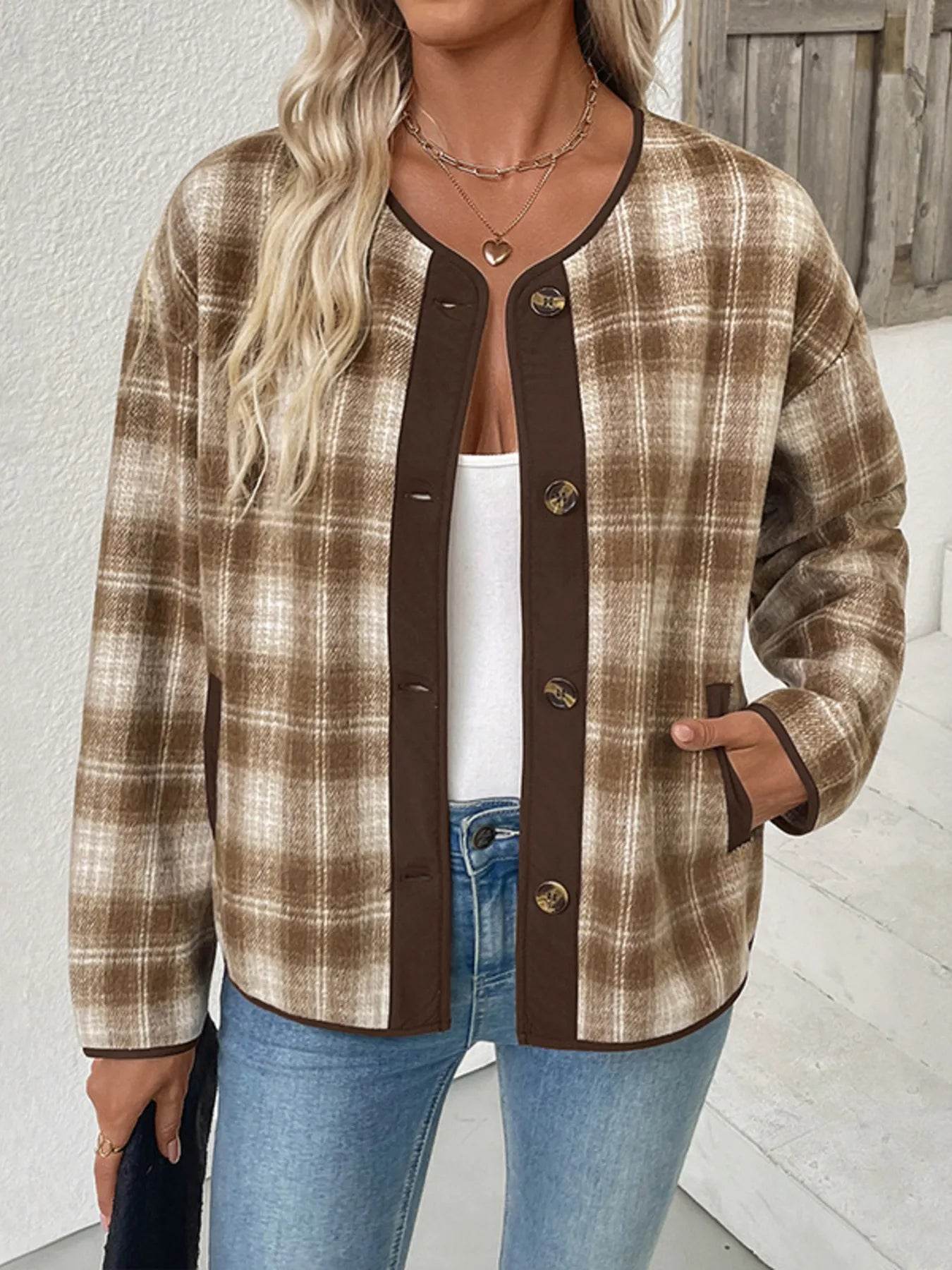 Plaid Long Sleeve Button-Up Jacket - ELY VESSA LLC
