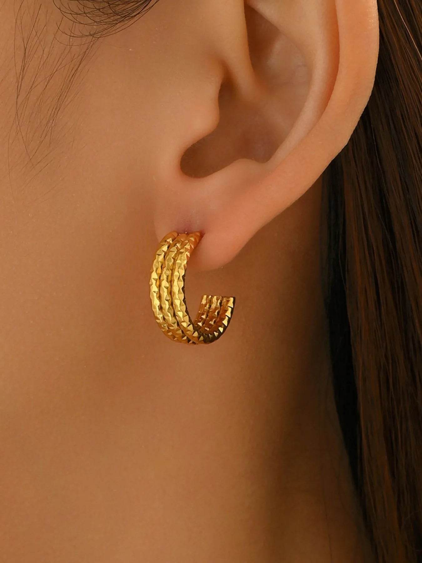 18K Gold-Plated Textured Triple Band Hoop Earrings - ELY VESSA LLC