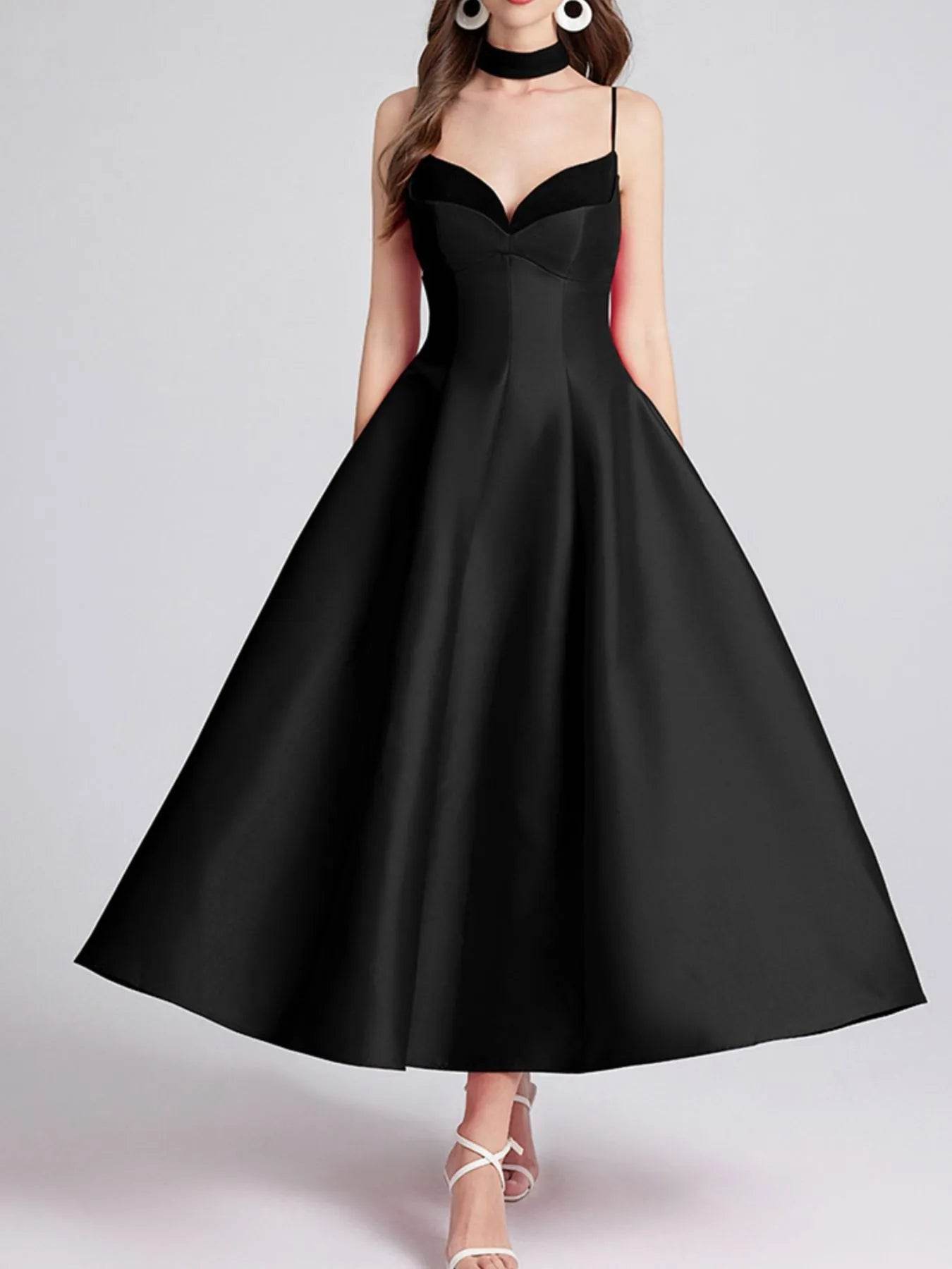 Sweetheart Spaghetti Strap Midi Dress with Collar - ELY VESSA LLC