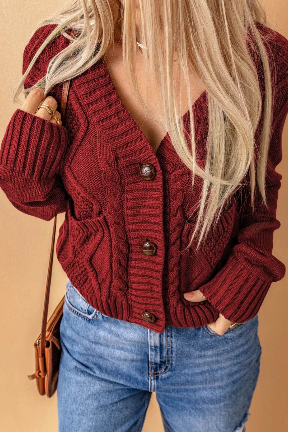 Cable-Knit Button Down V-Neck Cardigan - ELY VESSA LLC