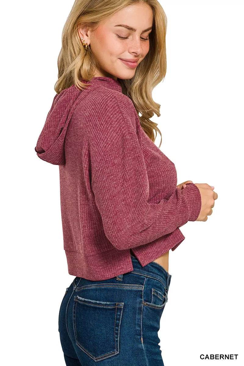 Zenana Drop Shoulder Ribbed Crop Hoodie - ELY VESSA LLC