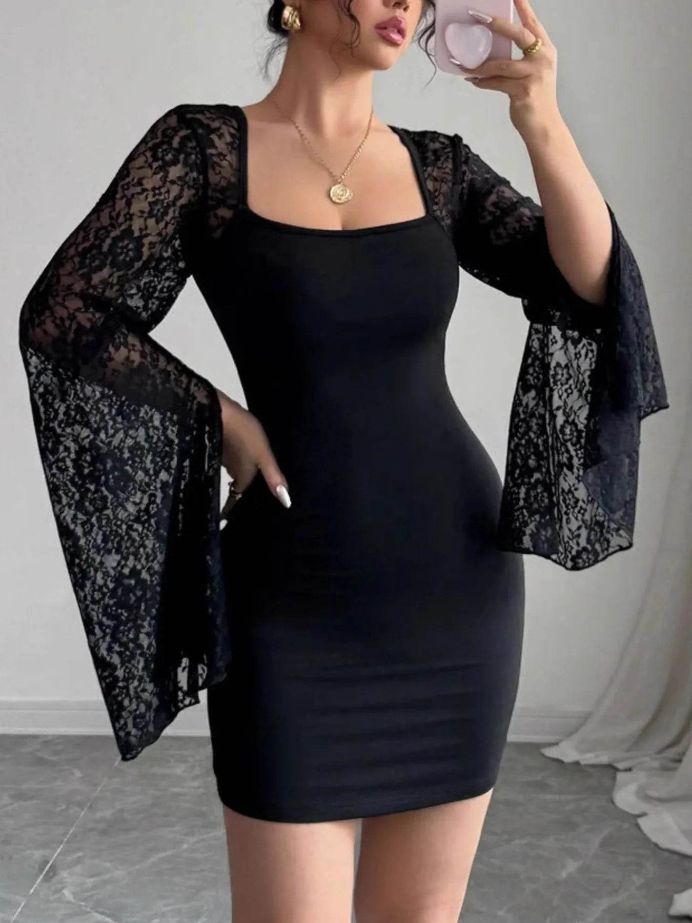 Square Neck Lace Bell Sleeve Bodycon Dress - ELY VESSA LLC