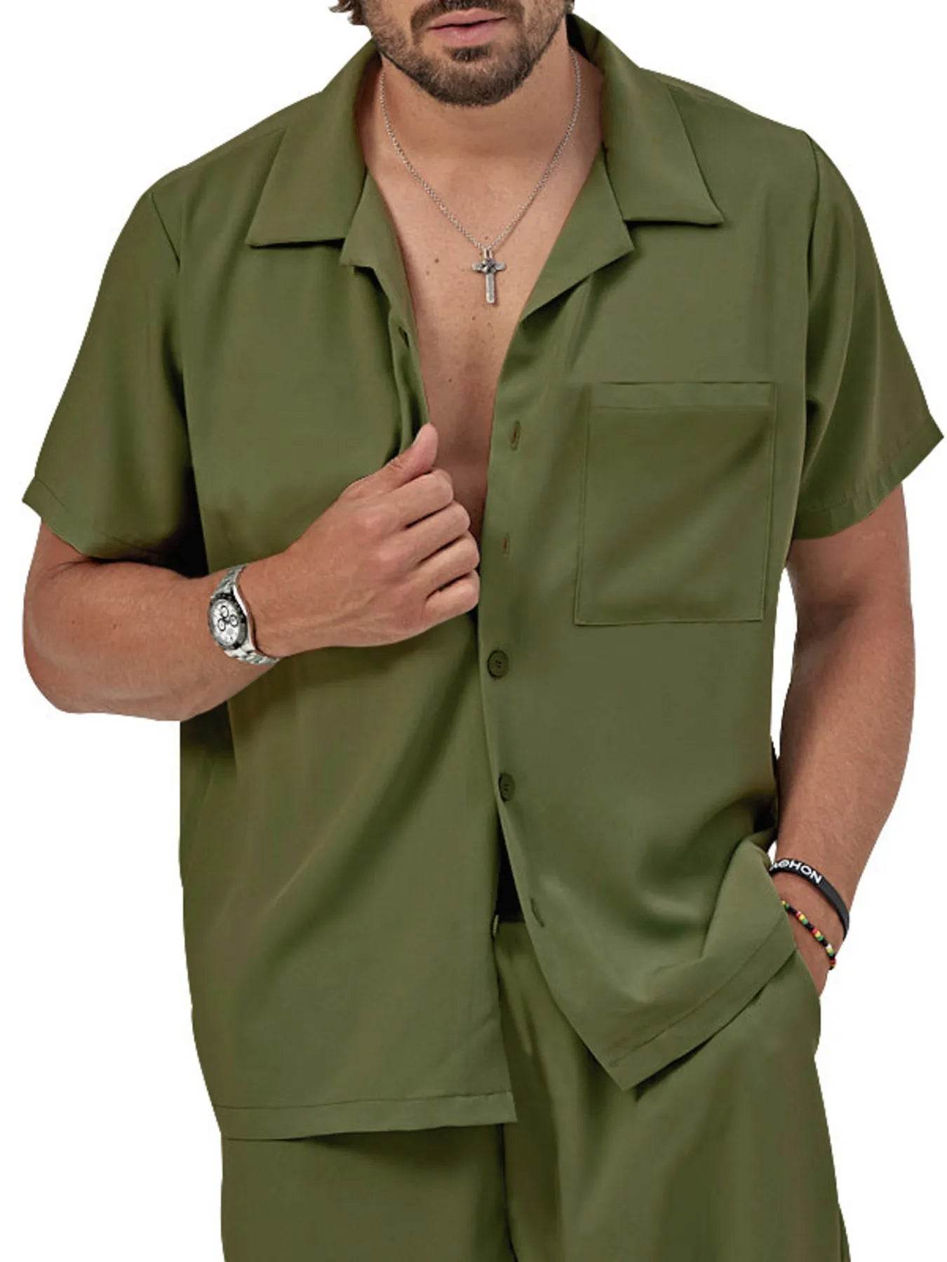 Men's Plus Size Button Up Short Sleeve Shirt and Shorts Set - ELY VESSA LLC