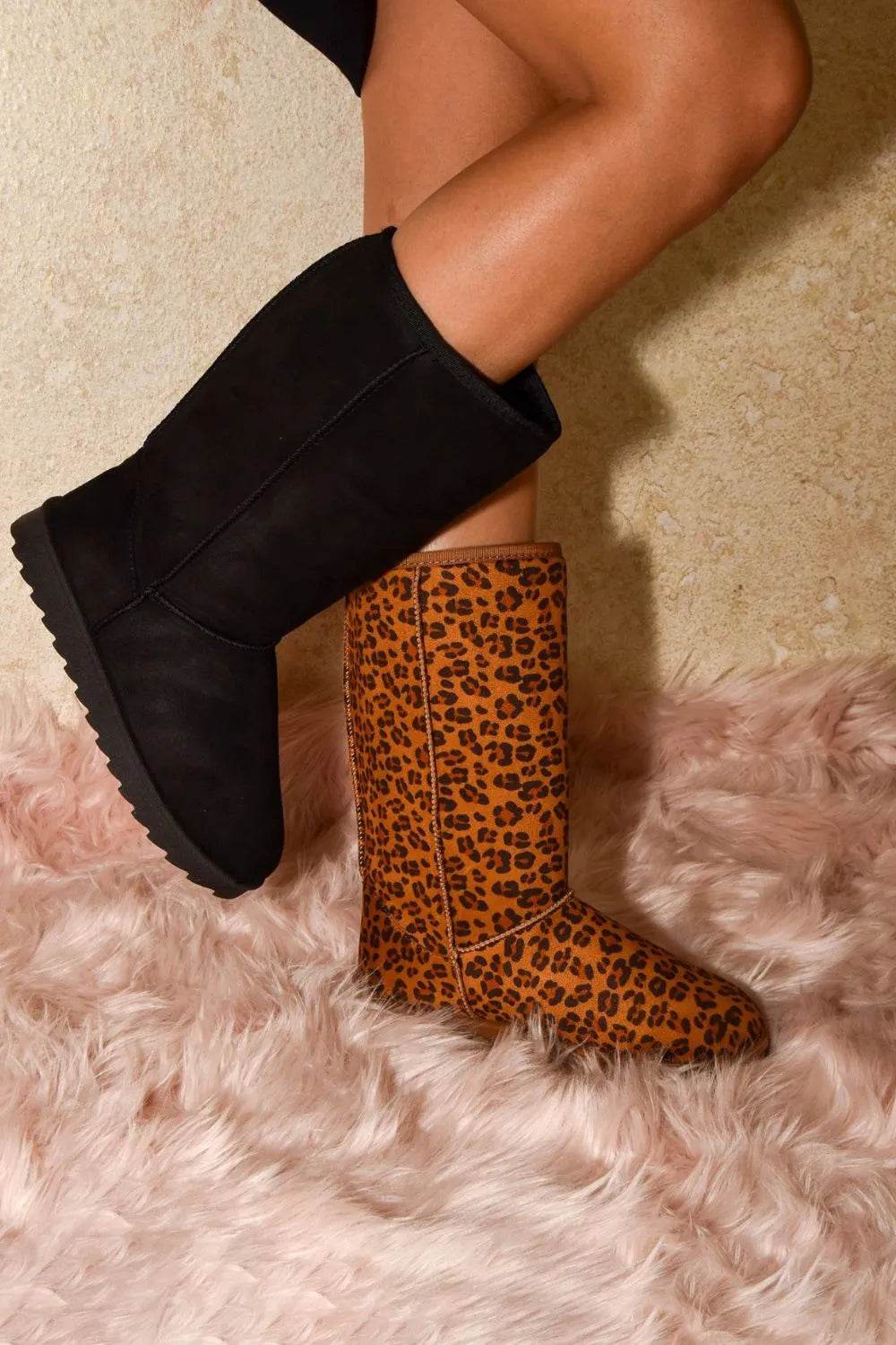 WILD DIVA Leopard Suede Round Toe Boots - ELY VESSA LLC