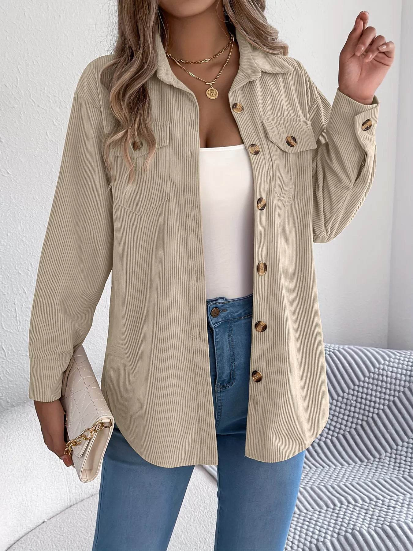 Corduroy Button-Up Long Sleeve Shacket - ELY VESSA LLC