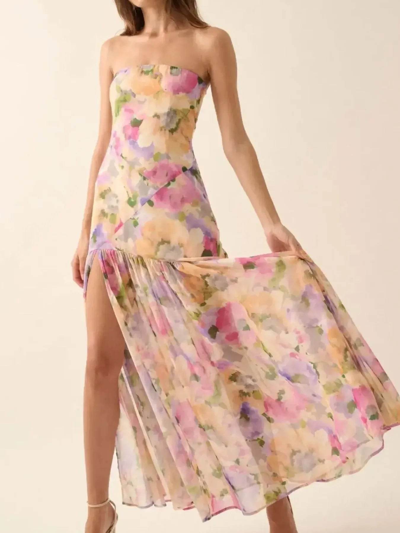Strapless Floral Maxi Dress with Side Slit - ELY VESSA LLC