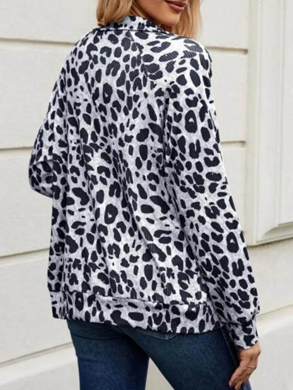 Full Size Leopard Collared Neck Zip Up Jacket - ELY VESSA LLC