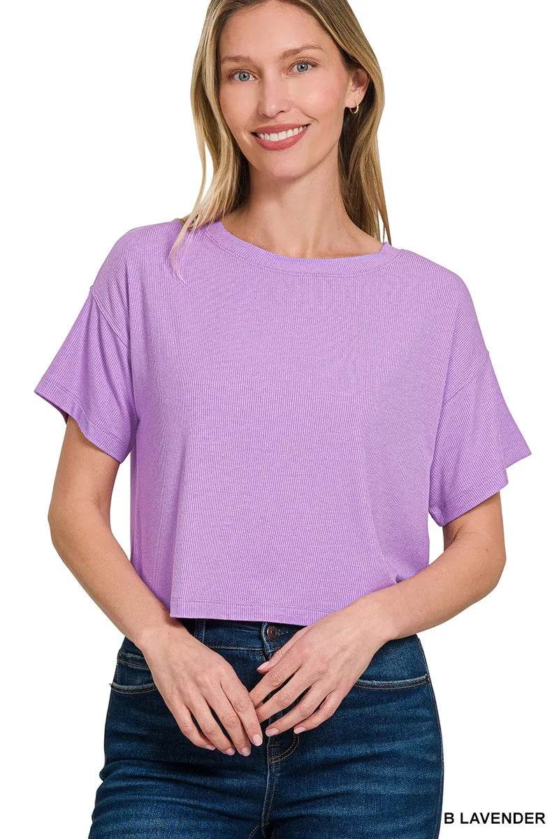 Zenana Ribbed Round-Neck Crop T-Shirt - ELY VESSA LLC