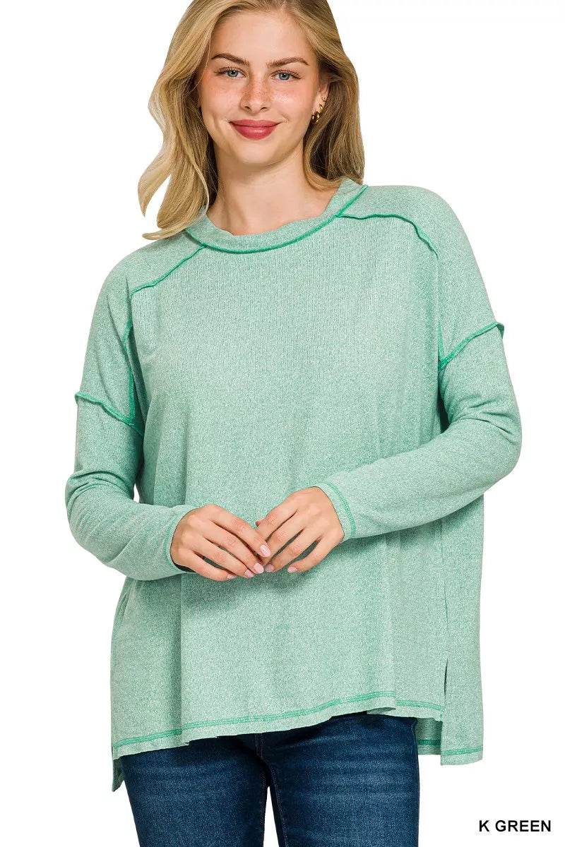 Zenana Full Size Melange Hacci Exposed Seam Hi-low Tee Plus Size - ELY VESSA LLC