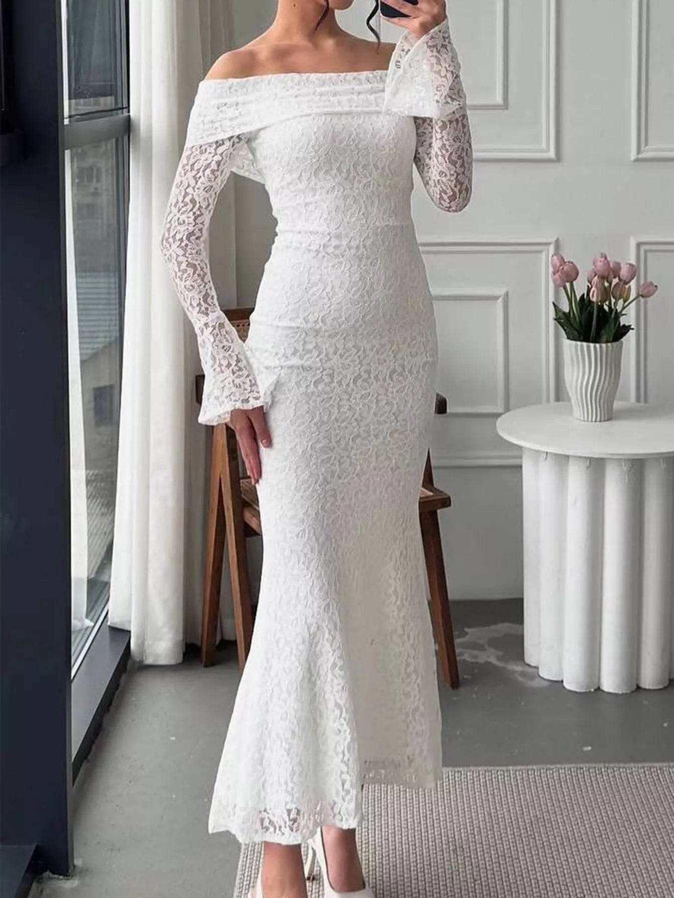 Off-Shoulder Lace Bodycon Maxi Dress - ELY VESSA LLC